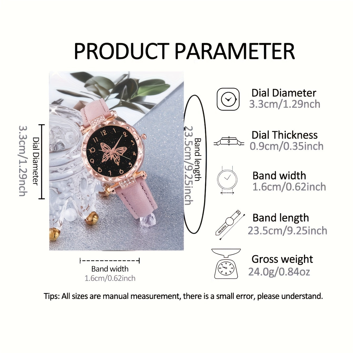 6pcs Lovely Pink Butterfly Shell Quartz Watch, Bracelet, Necklace & Earrings Set - Pointer Display, Electronic Quartz Movement, Non-Rechargeable Battery – Ideal Gift for Valentine’s Day, Easter & Eid al-Fitr – Best Pres